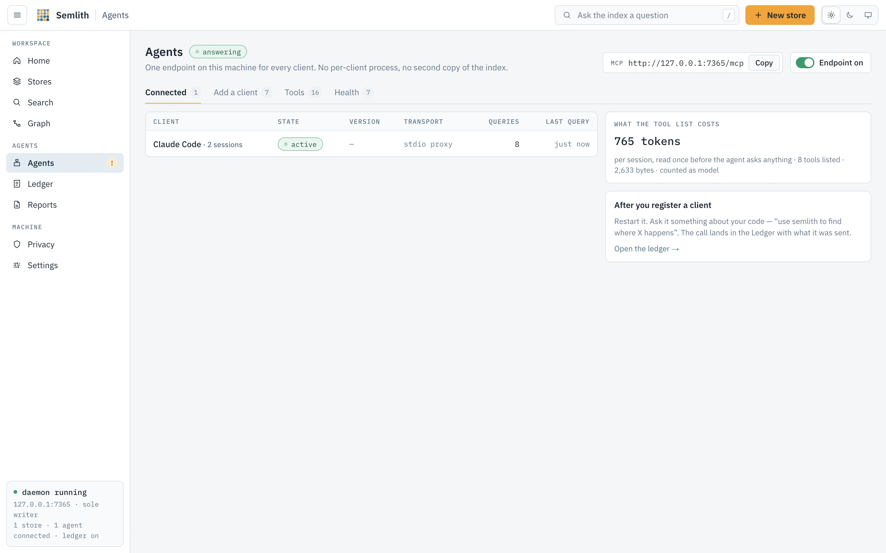 Agents: Claude Code connected over the stdio proxy