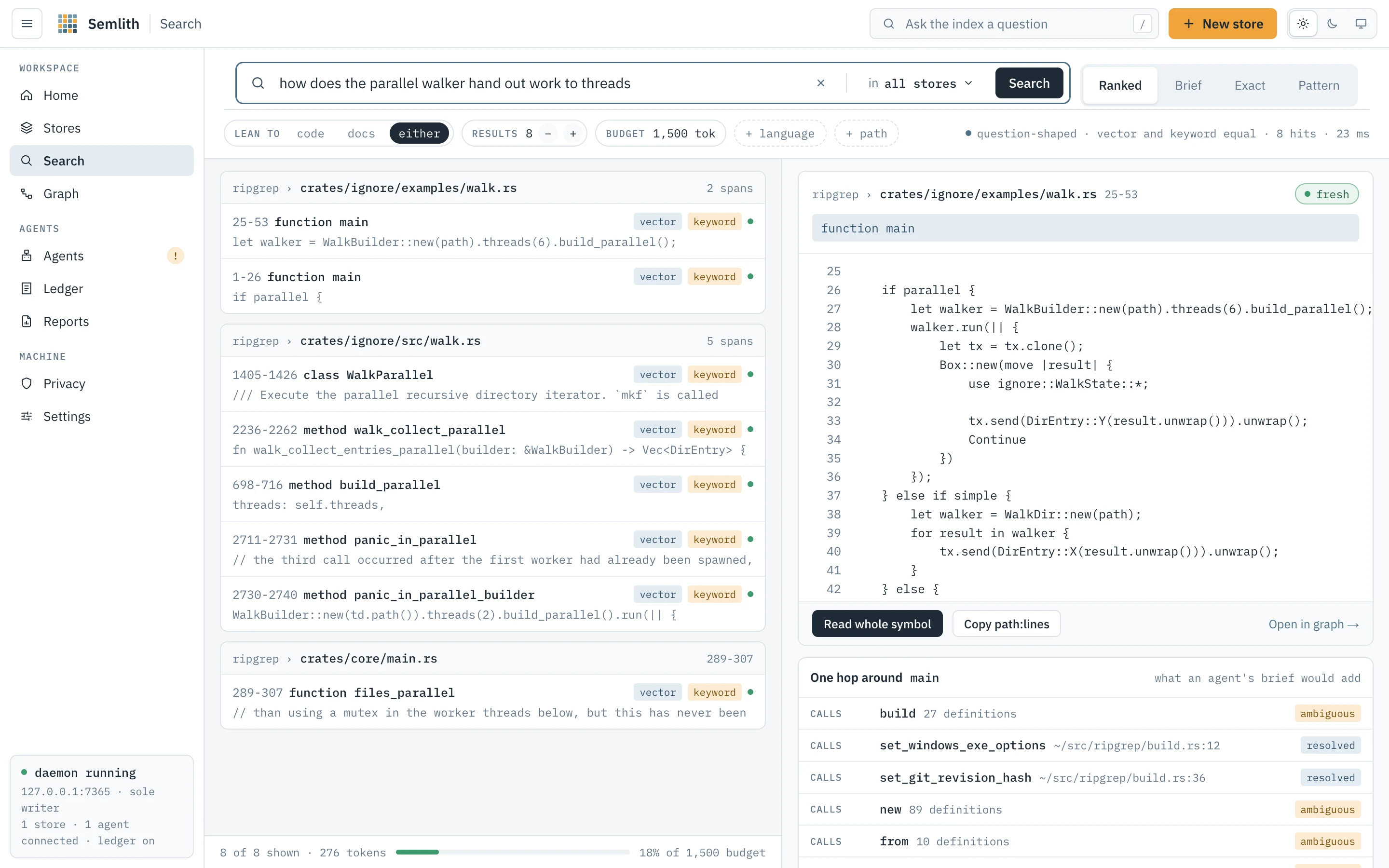 Search: a question, ranked spans and the detail panel