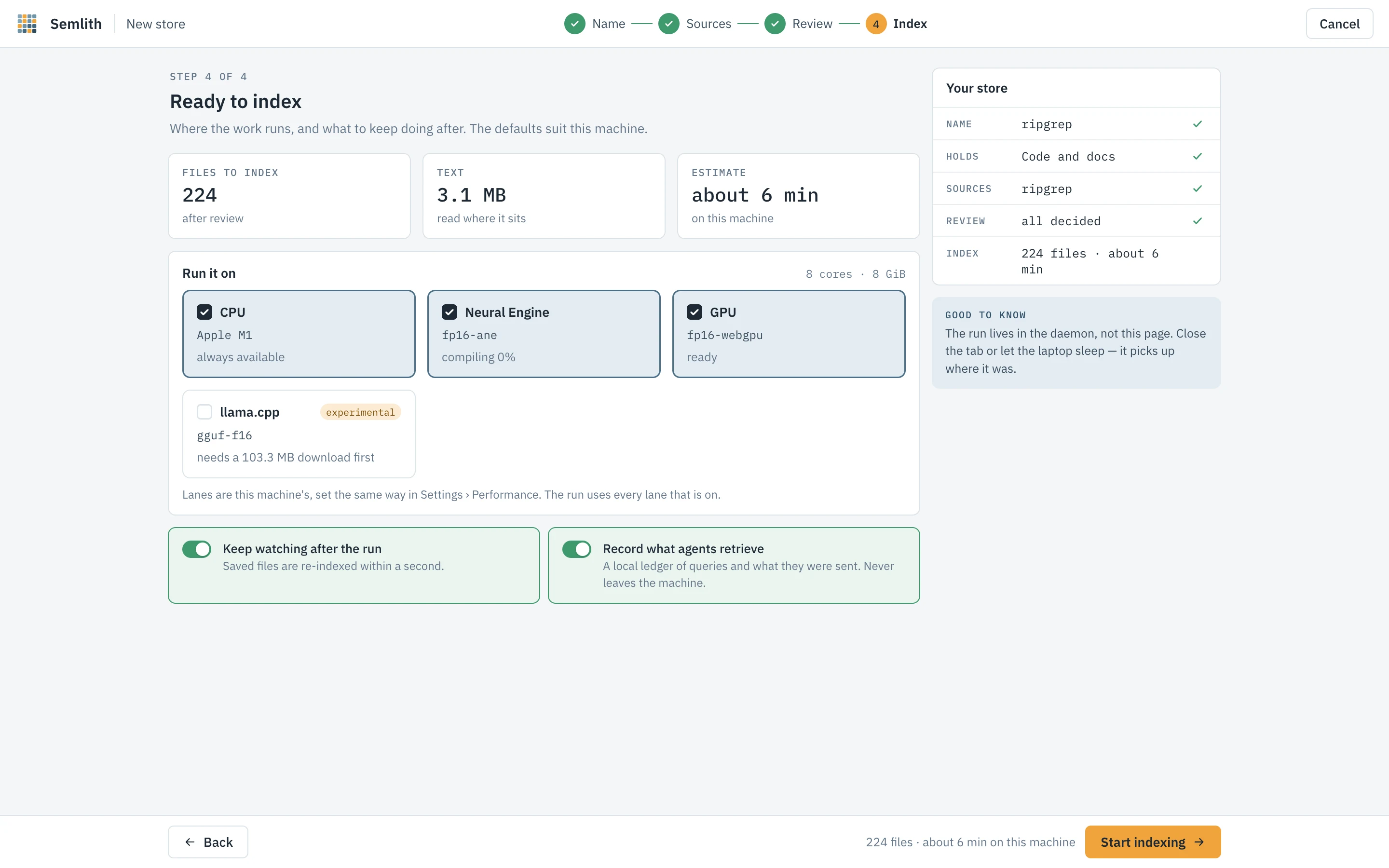 Wizard step 4: lanes and the estimate before indexing